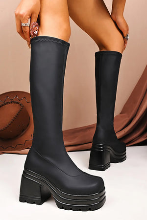 Square Toe Platform Block Heels Boots